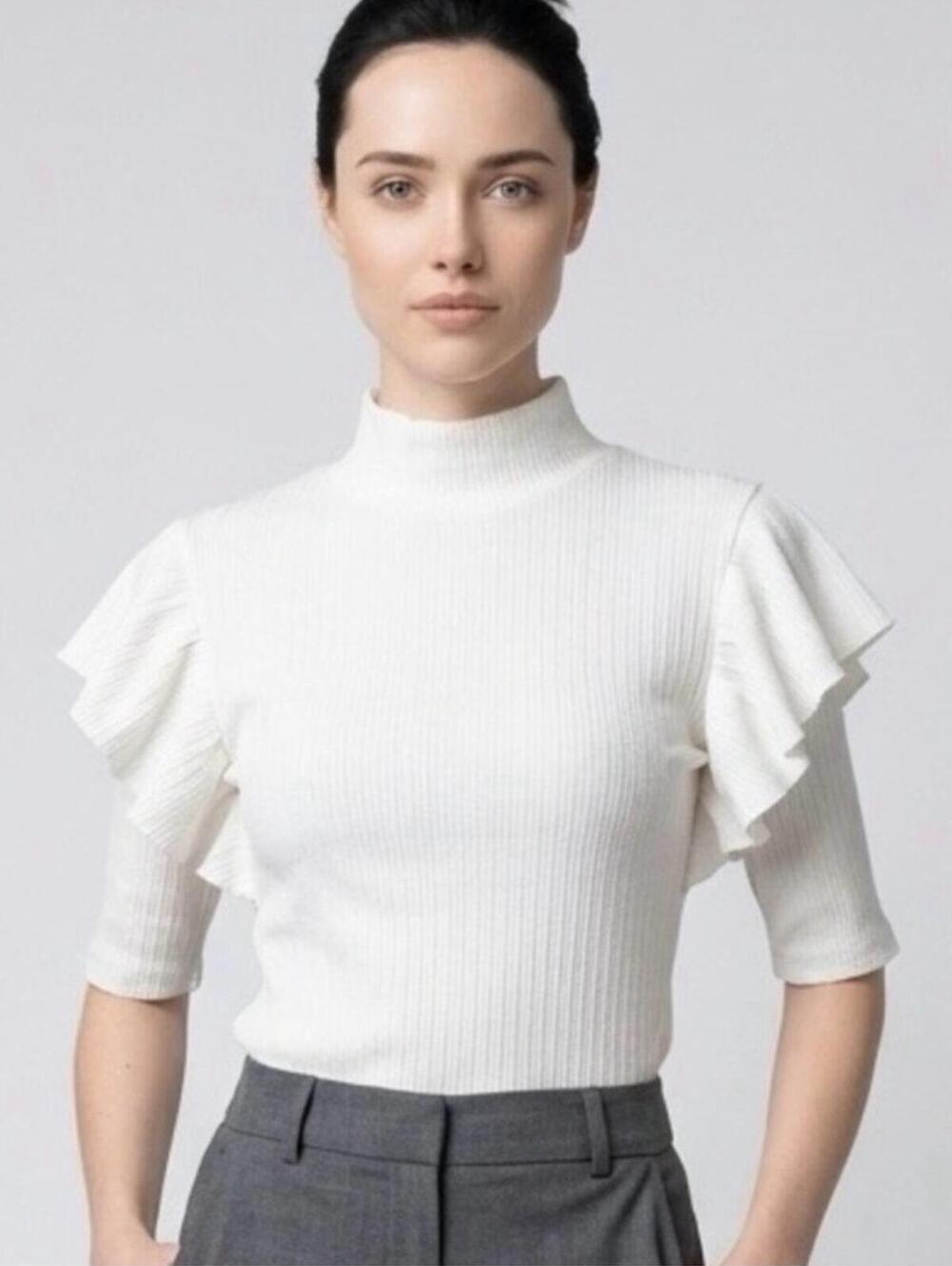 Zara Off-White Ribbed Mock Neck Top with Ruffle Sleeves
